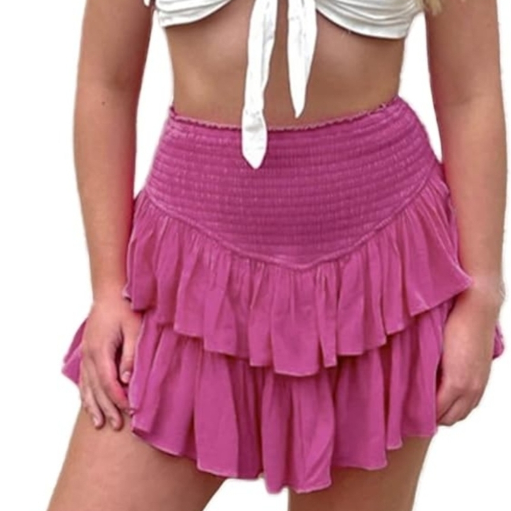 Mustard Seed Hot Pink Smocked Waist Ruffle Tiered Mini Skort Skirt Size Small